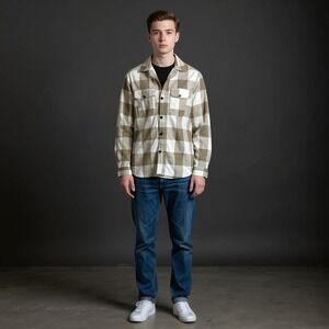 HM Mens Flannel Shirt Jacket Tan White Buffalo Check Plaid Button Down XL